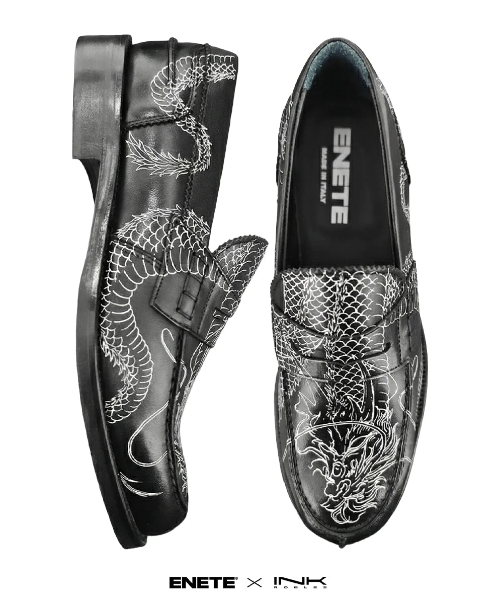Mocasines Negros ENETE - Tattooed Leather - Edición Dragón